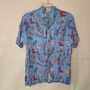 Wes and Willy Mens Ole Miss Rebels Hawaiian Button Up Shirt Size Large Blue‎